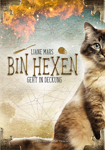 Das Cover zeigt vor hellem Hintergrung mittig den Titel. Auf der rechten Seite sitzt eine weiß-braune Katze. Links neben dem Autorinnennamen ist ein kleiner Besen, rechts ein Footballhelm.